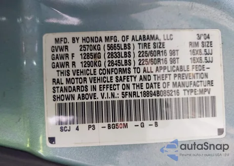 2004 Honda Odyssey Ex z USA, uszkodzony, nr VIN 5FNRL18894B085216